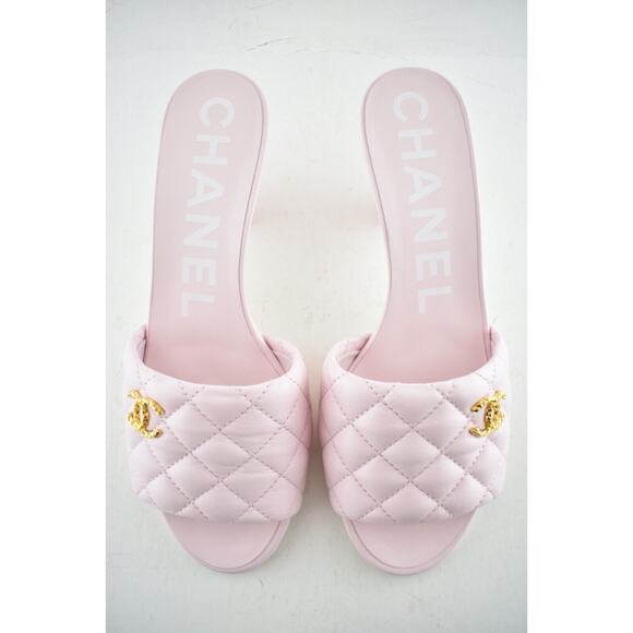 Chanel 22P Light Pink Lambskin Quilted CC Logo Cone Heel Mule Slide Sandal 42 - Picture 8 of 11